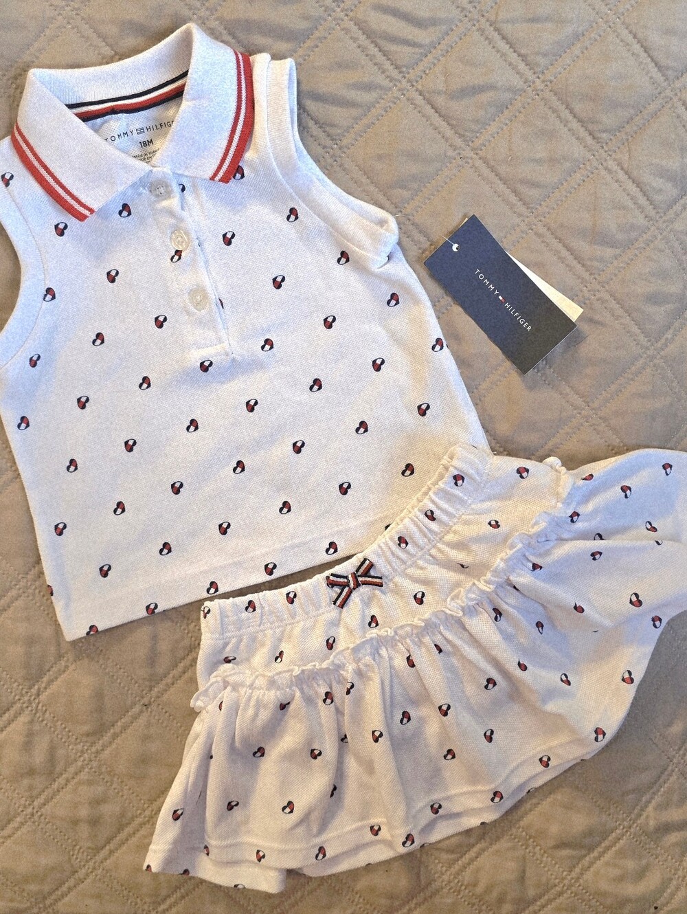 Tommy Hilfiger White Girls Polo Tank & Skirt Set with Red and Navy Heart Print
